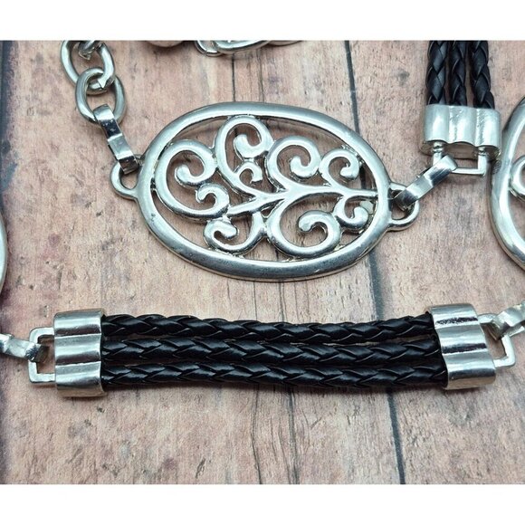 Ladies Silver Tone & Black Faux Leather Chain Belt Oval Swirl Size S Western - Picture 4 of 5